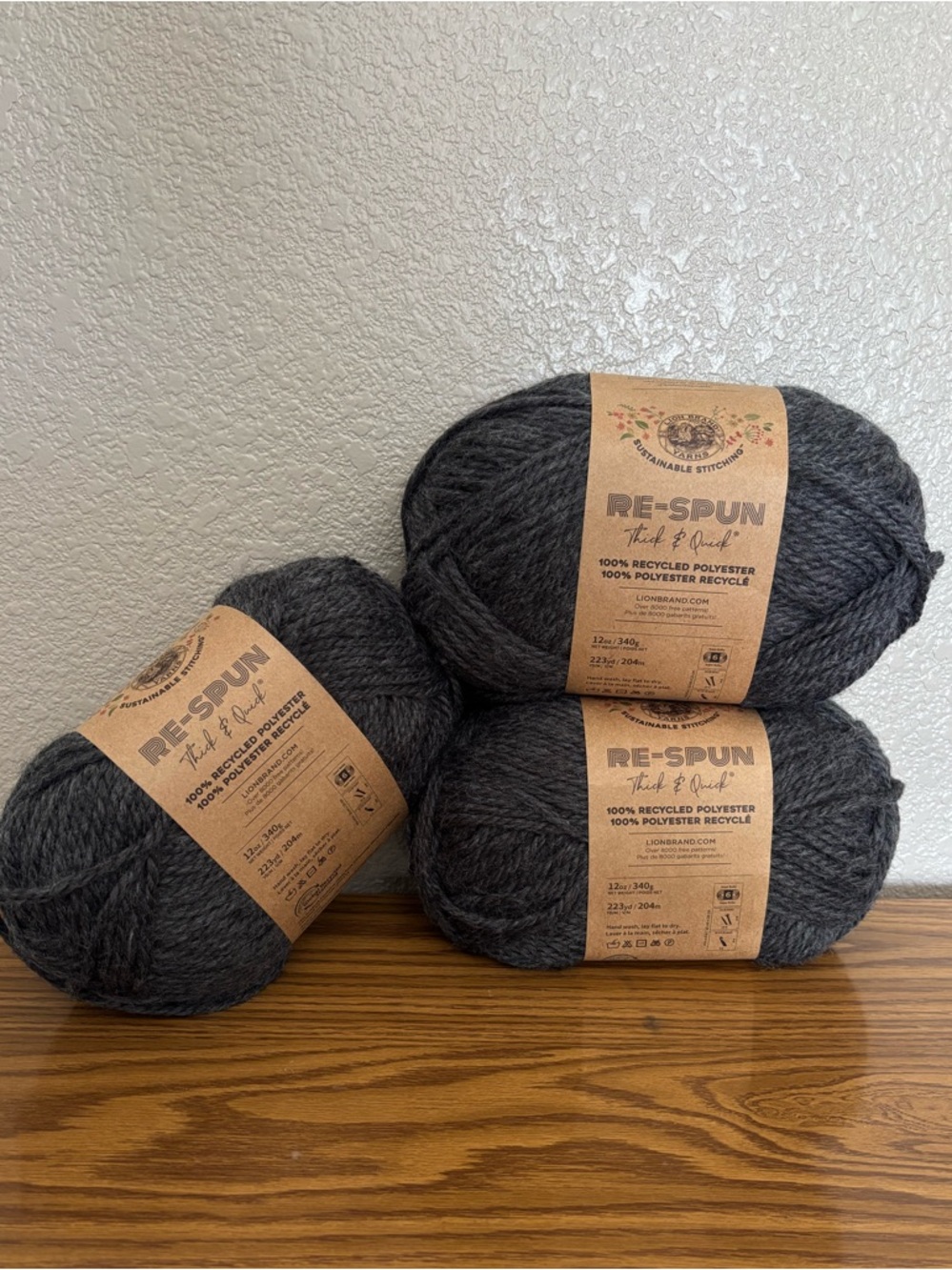 NEW 3 Skeins Lion Brand Re-Spun Thick & Quick Yarn - Raven